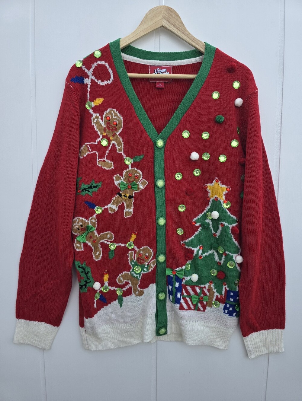Urban Heritage Festive Ugly Christmas Sweater Knit Button Up Red Green Medium